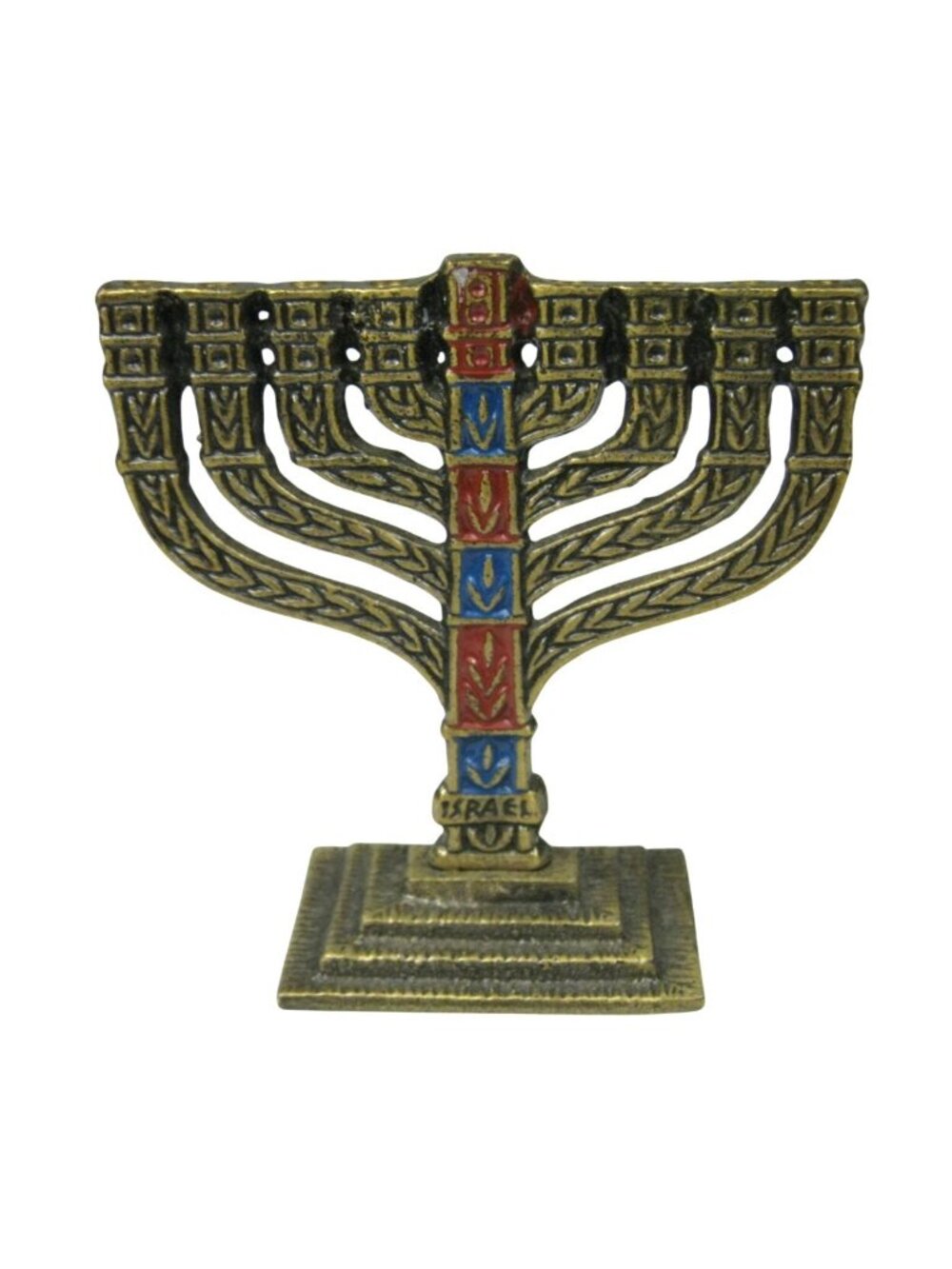 Miniature Brass Menorah Red Enamel Israel Small Vintage Hanukkah 9 Branch
